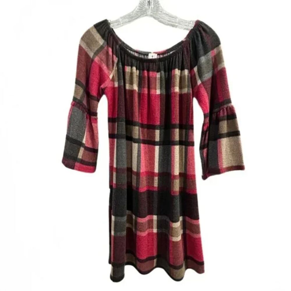 R. Rouge Cozy Flannel Deep Red Plaid Print Tunic Top Small